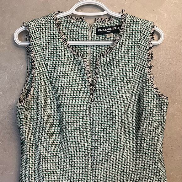 Karl Lagerfeld Green Tweed Fringe Sheath Dress Sz 12 - Picture 15 of 16